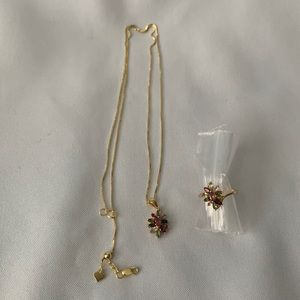 Multi toumaline floral ring and necklace in yellow gold over sterling silver